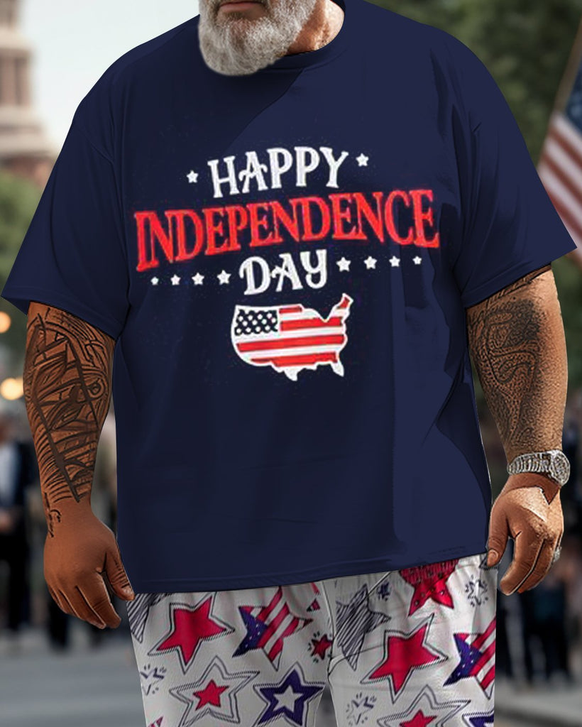 Men's Plus Size Happy Independence Day Street Short Sleeve T-Shirt Pants Suit