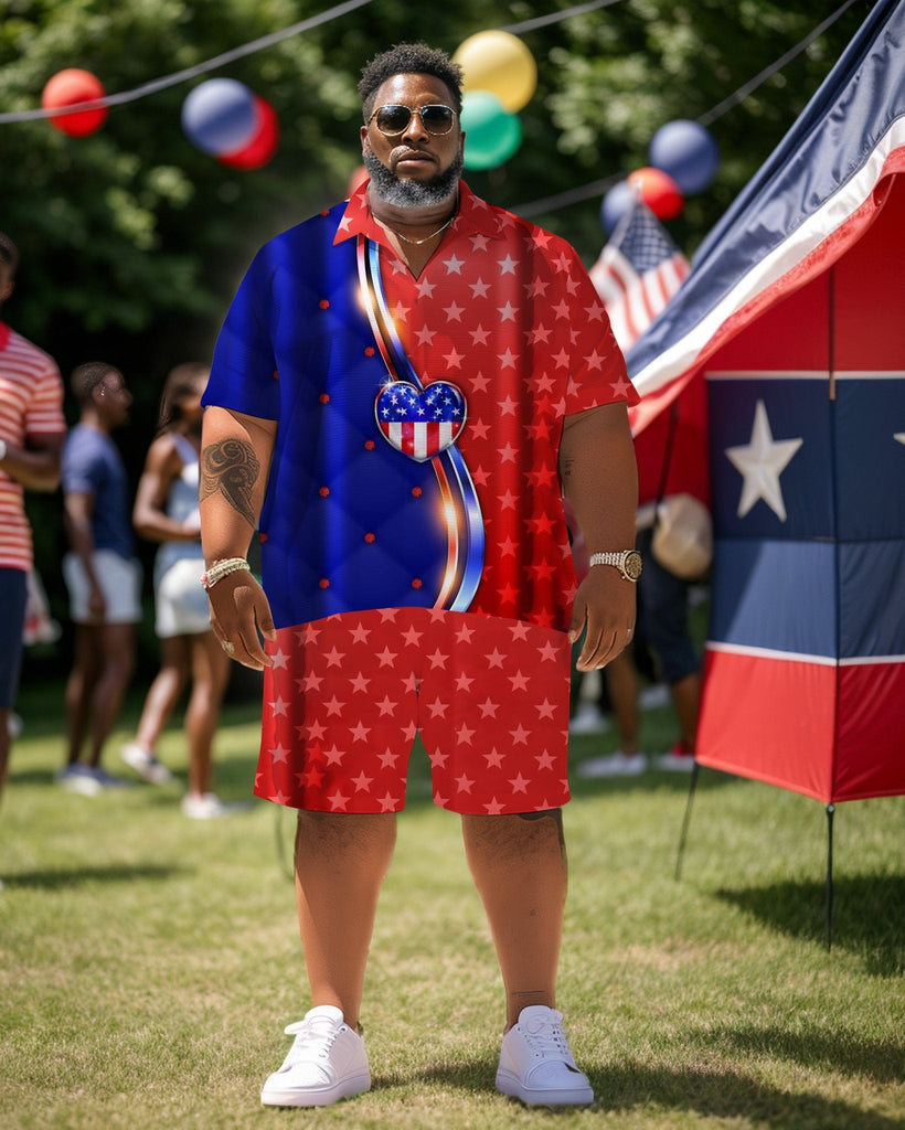 Men's Plus Size Independence Day Short Sleeve Shirt and Shorts Set 006