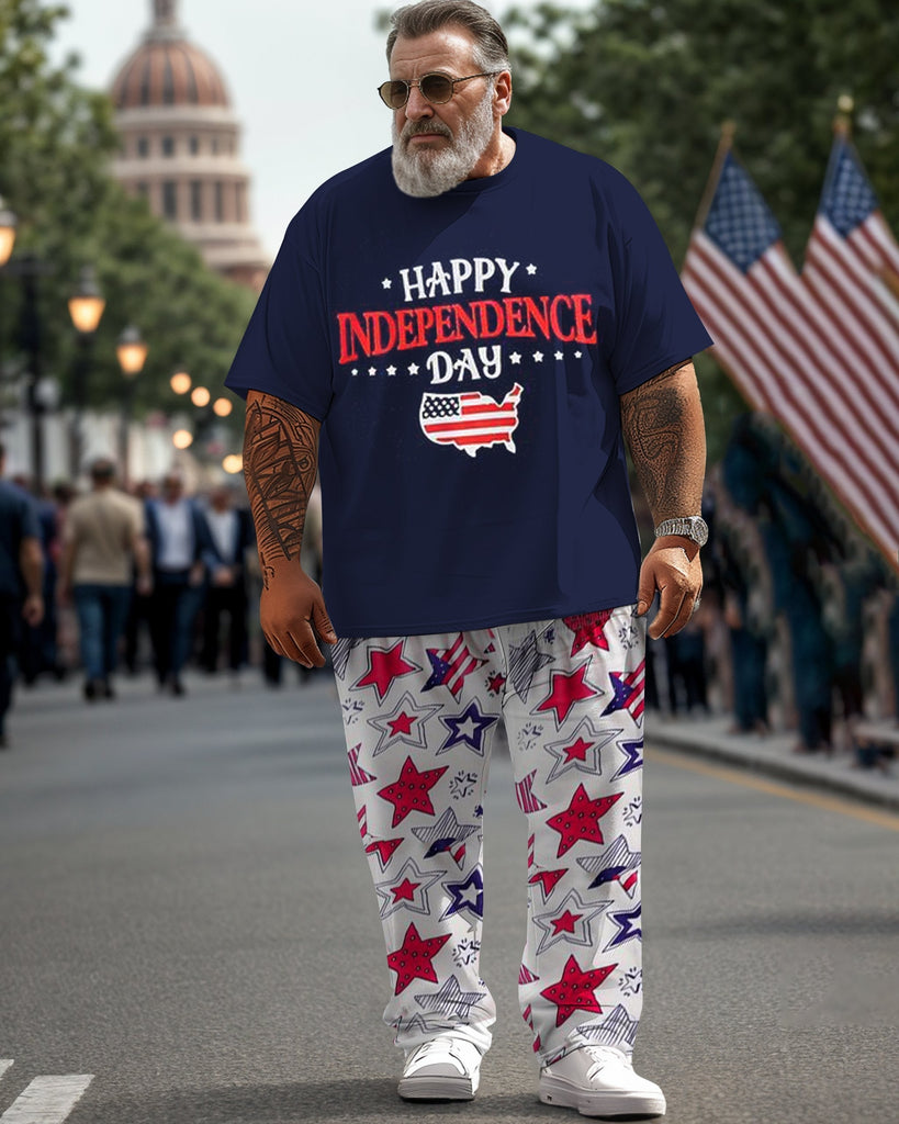 Men's Plus Size Happy Independence Day Street Short Sleeve T-Shirt Pants Suit