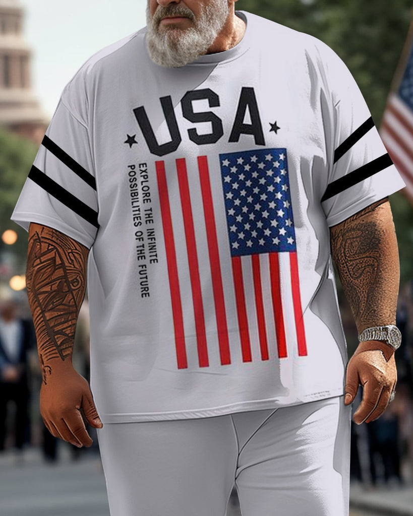 Men's Large Size USA Flag Simple Street Short-sleeved T-shirt and Pants Suit