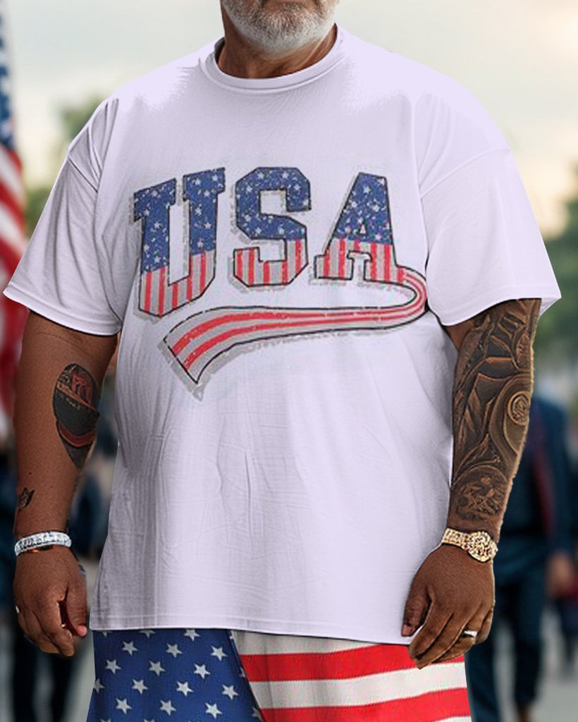 Men's Plus Size Independence Day USA Street Short Sleeve T-Shirt Shorts Set