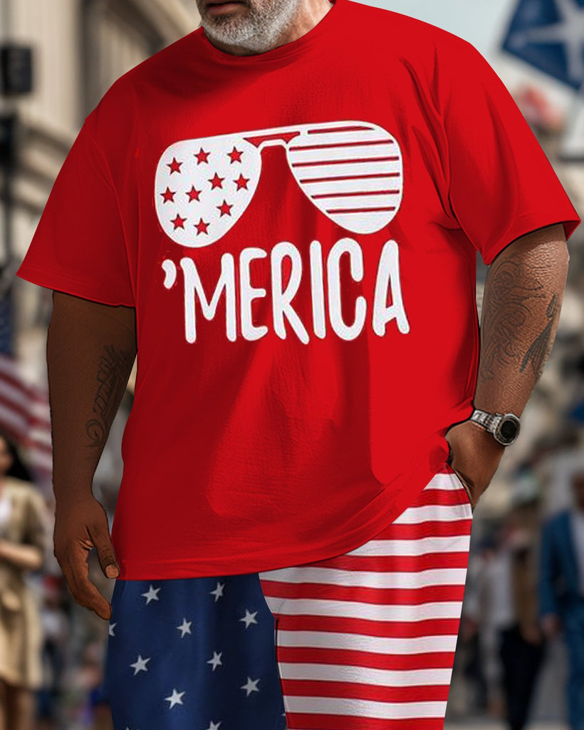 Men's Plus Size Independence Day Sunglasses Street Short Sleeve T-Shirt Pants Suit