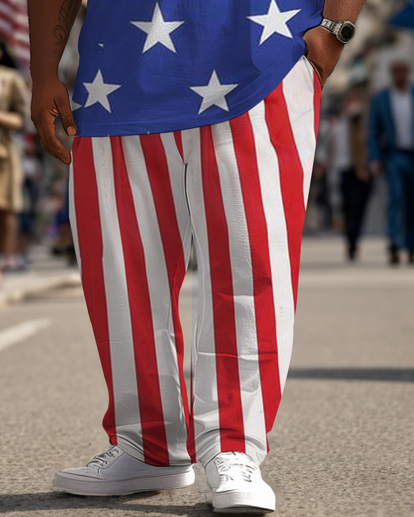 Men's Large Size Street Independence Day Short Sleeve T-Shirt and Pants Suit