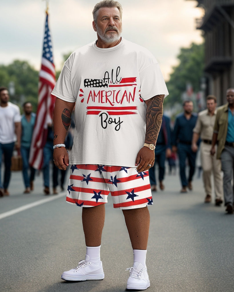 Men's Plus Size Independence Day American Street Short Sleeve T-Shirt Shorts Set