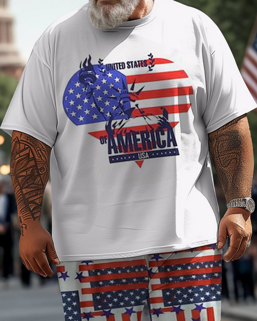 Men's Plus Size Independence Day Statue of Liberty Street Short Sleeve T-Shirt Pants Suit