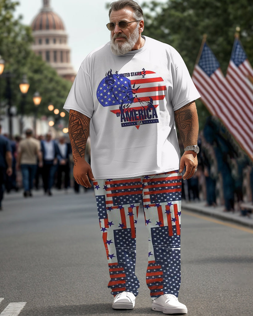 Men's Plus Size Independence Day Statue of Liberty Street Short Sleeve T-Shirt Pants Suit