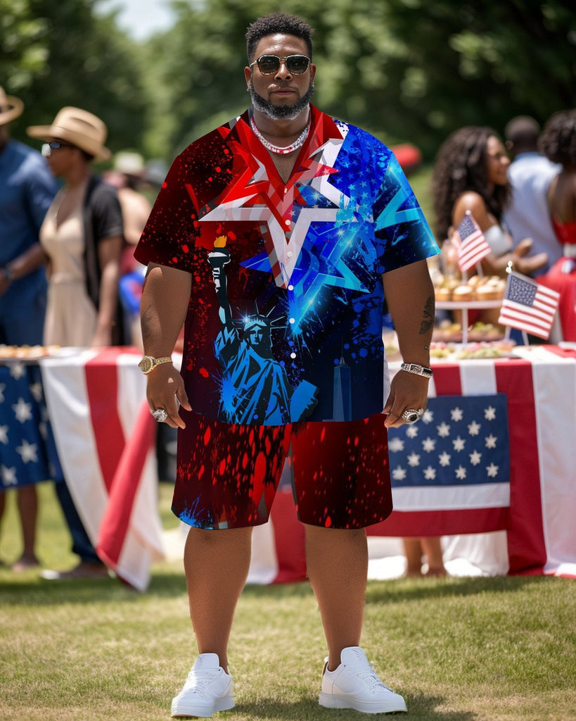 Men's Plus Size Independence Day Short Sleeve Shirt and Shorts Set 010