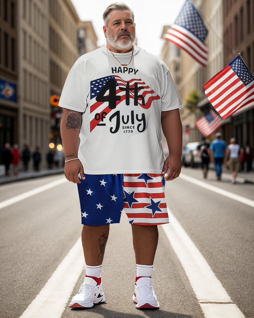 Men's Large Size Street Independence Day Short Sleeve T-Shirt Shorts Set