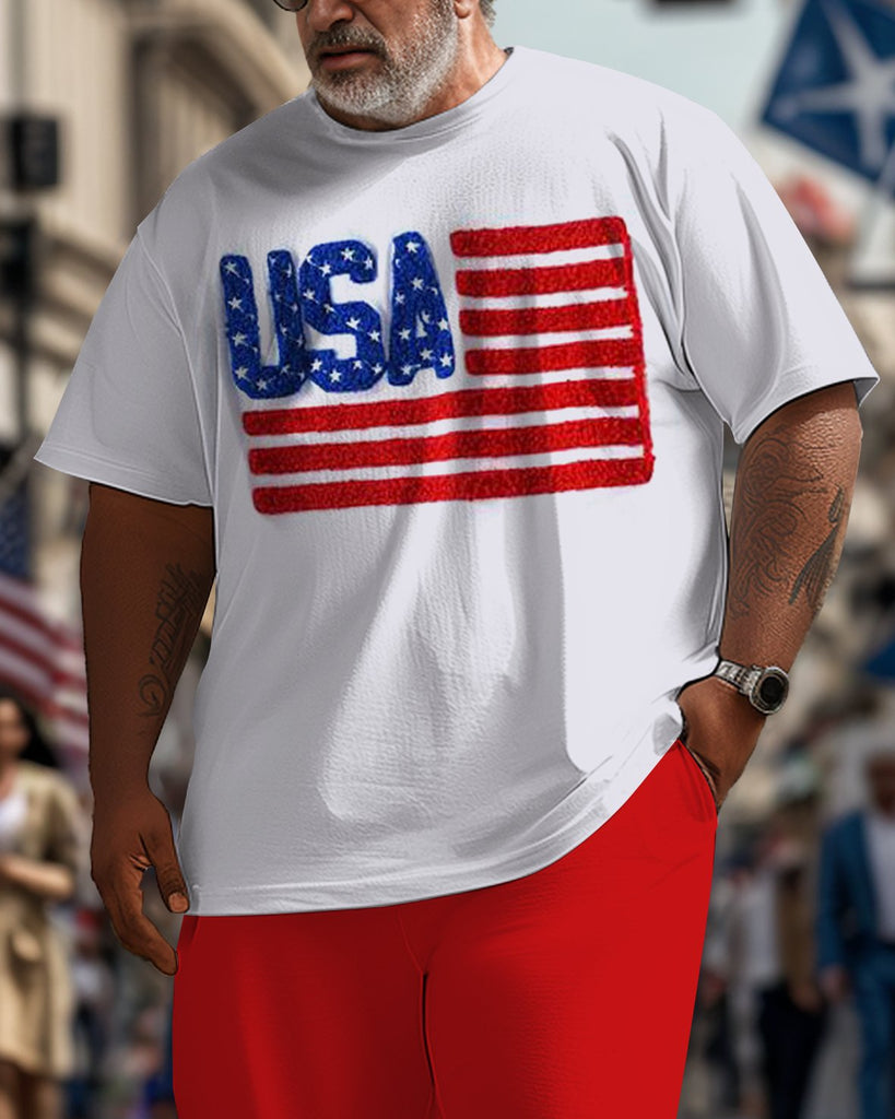 Men's Large Size Street Independence Day Short Sleeve T-Shirt and Pants Suit