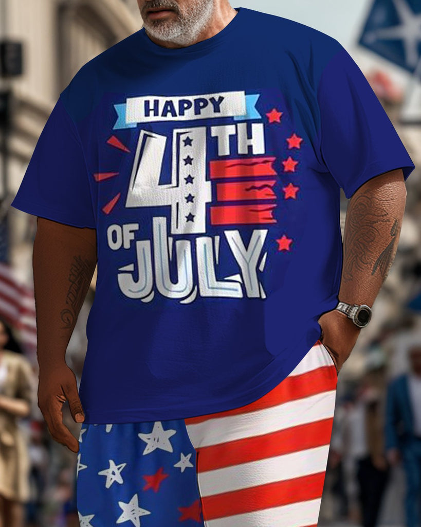 Men's Large Size Street Independence Day Short Sleeve T-Shirt and Pants Suit