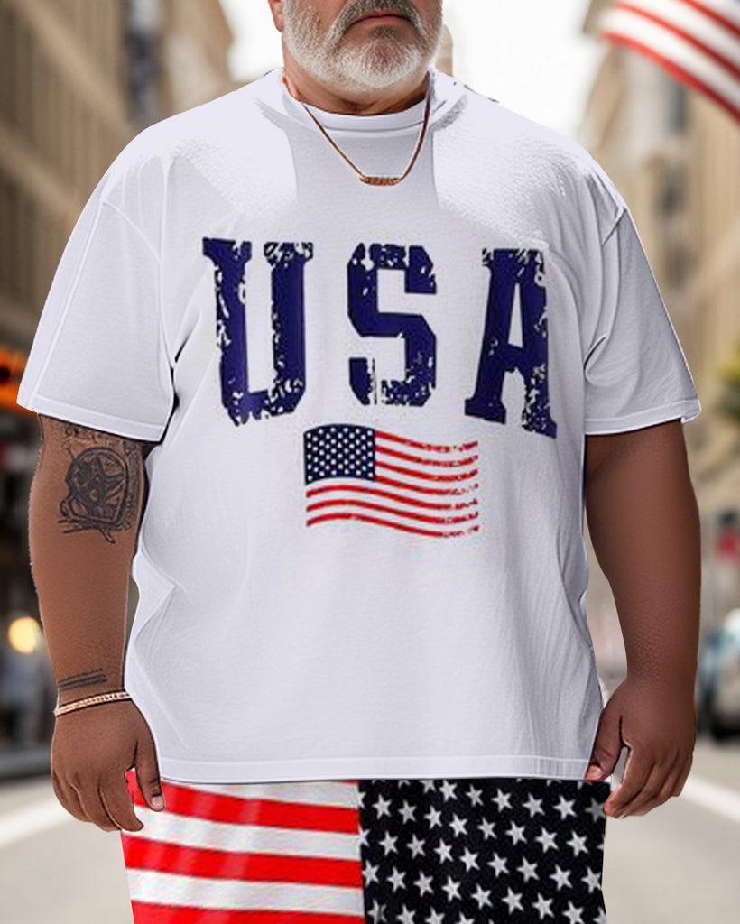 Men's Large Size USA Independence Day Street Short Sleeve T-Shirt Shorts Set