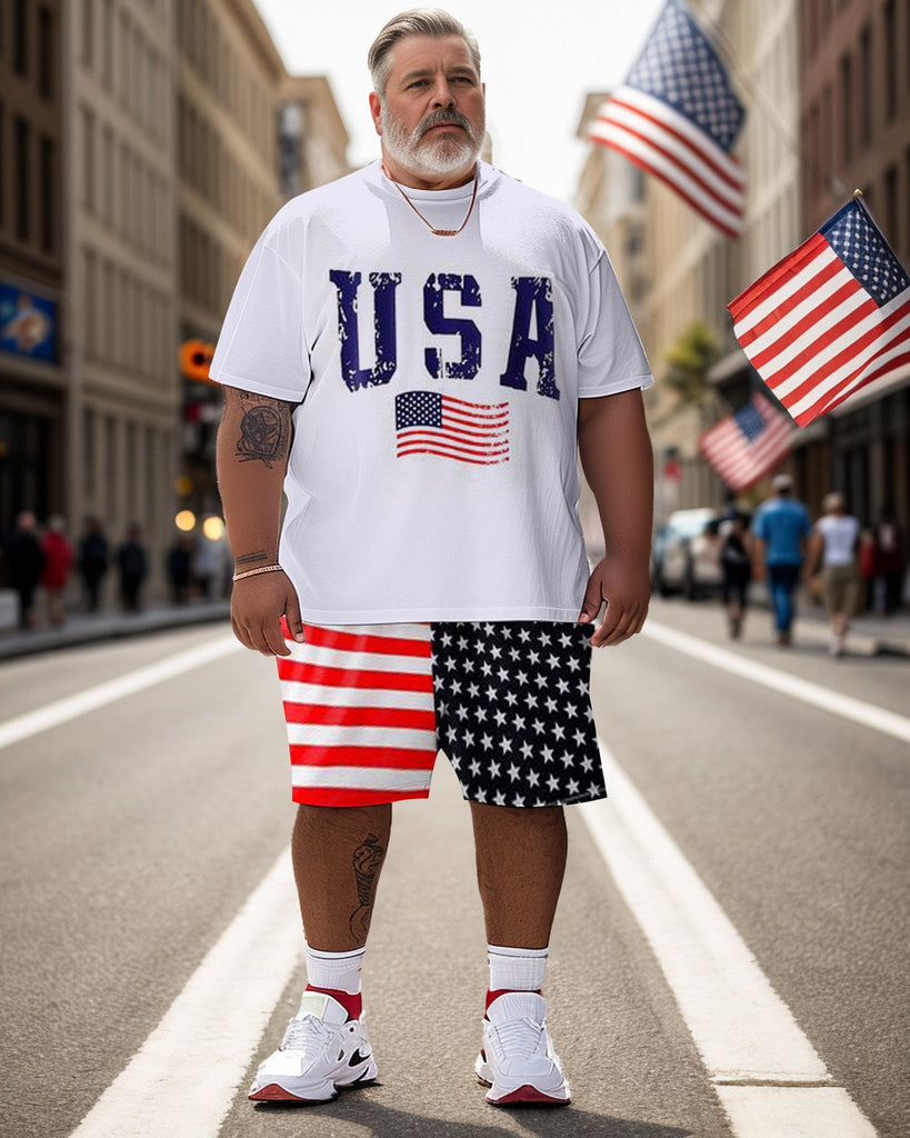 Men's Large Size USA Independence Day Street Short Sleeve T-Shirt Shorts Set