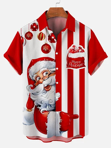 Men's Christmas Cartoon stripes  illustration printed  Plus Size Short Sleeve Shirt