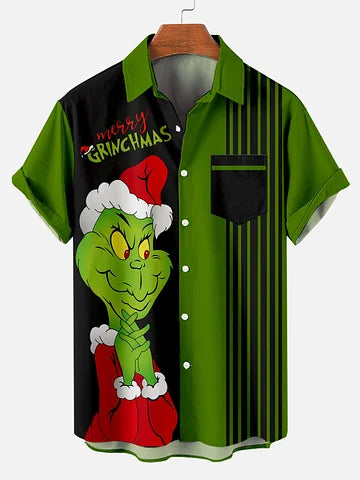 Men's Christmas monster stripes printed  Plus Size Short Sleeve Shirt