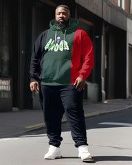 Plus Size Men's Black Green Red Color Matching Sweatershir Two-Piece Set