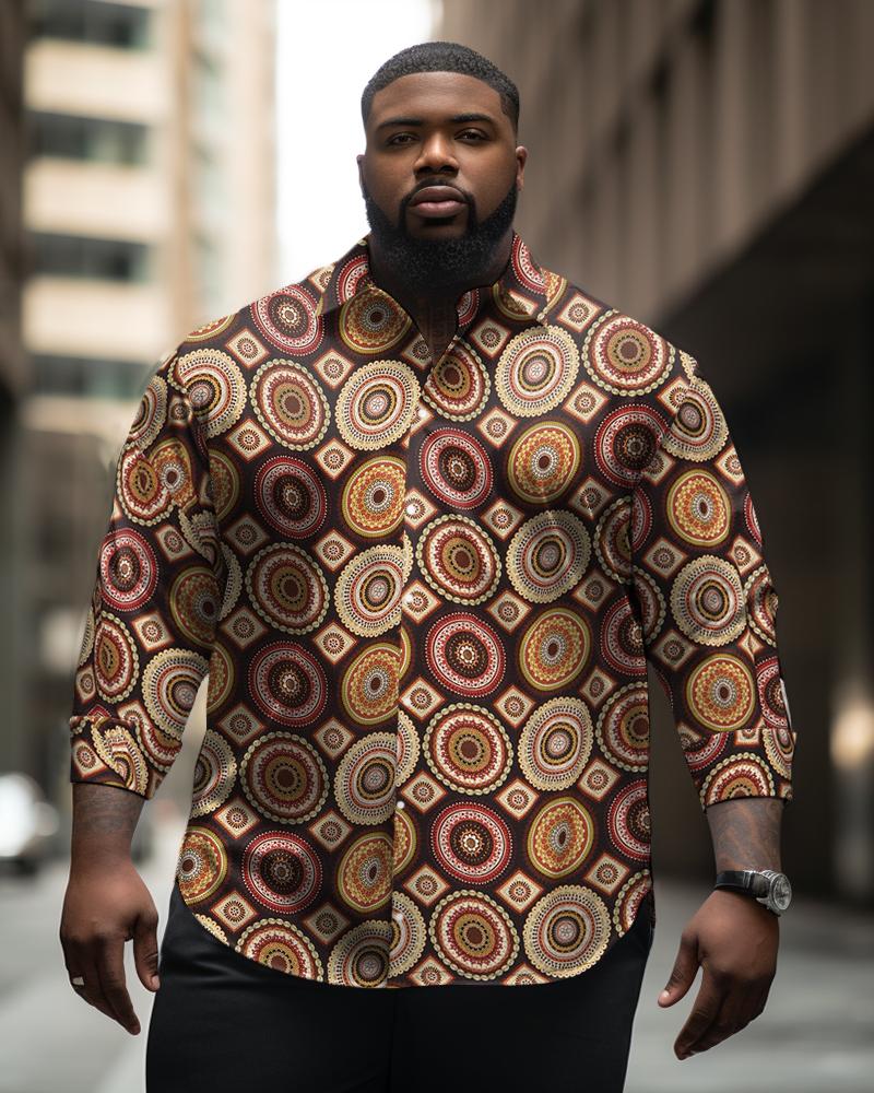 Men's Plus Size Retro Ethnic Geometry Long Sleeve Lapel Long Sleeve Shirt