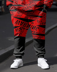 Plus Size Men's Red Strap Warning  Sweatershir Two-Piece Set