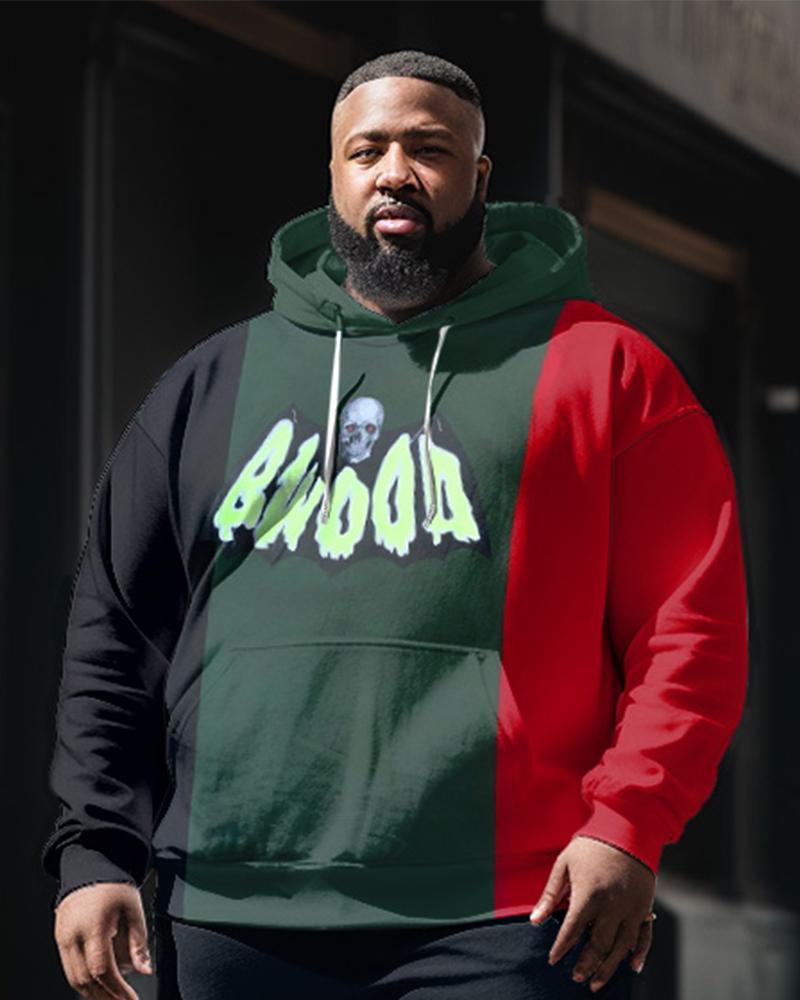 Plus Size Men's Black Green Red Color Matching Sweatershir Two-Piece Set