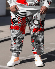 Plus Size Men's  Art Abstract Lines Sweatershir Two-Piece Set