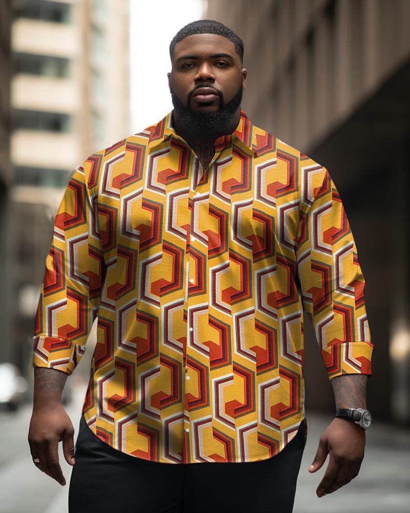 Men's Plus Size Retro Ethnic Geometry Long Sleeve Lapel Long Sleeve Shirt