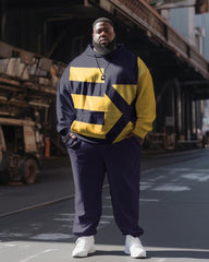 Men's Plus Size Casual Yellow Block Color Block Long Sleeve Hoodie Athletic Two Piece Suit